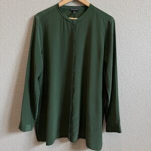 Eileen Fisher Silk Shirt Button Front Long Sleeve Emerald Green Relaxed Large
